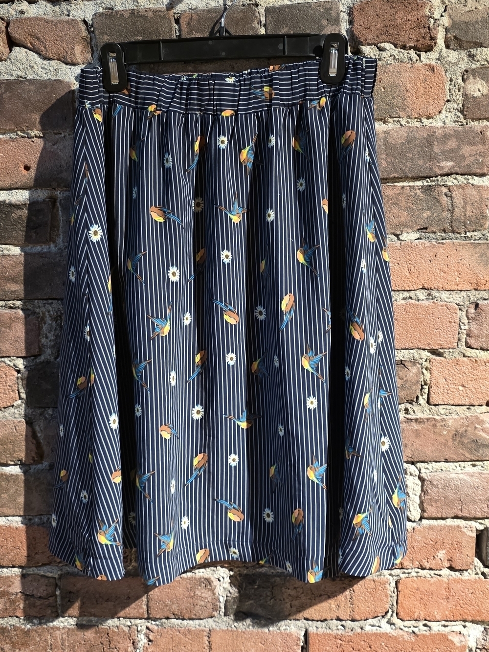 Le Lis Navy Striped Skater Skirt with Floral & Bird Motif